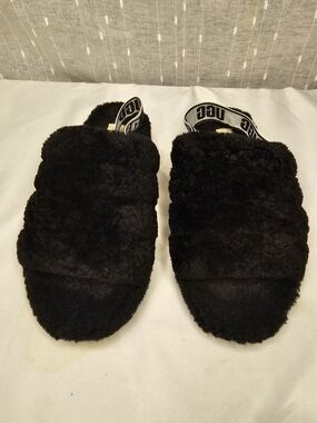 UGG Women's Black Fuzzette Slide Slippers with Logo Strap